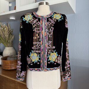 Vintage 80s Linzas Black Velvet Beaded Sequin Jacket Whimsygoth Glam S Music